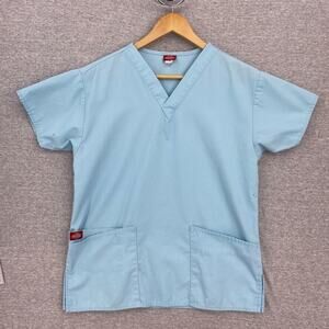 Dickies Scrub Top Womens Medium Blue Nursing Vet Medical Uniform Short Sleeve